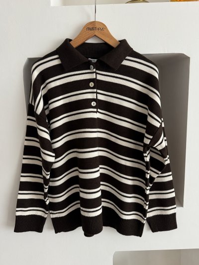 POLO YAKA DÜĞMELİ ŞERİT ÇİZGİLİ KAZAK