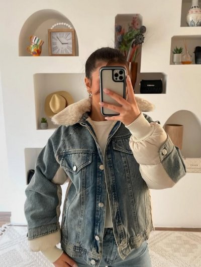 ÖN İÇ PELUŞ KÜRK YAKA ÇIKABİLEN JEAN DETAY ŞİŞME MONT