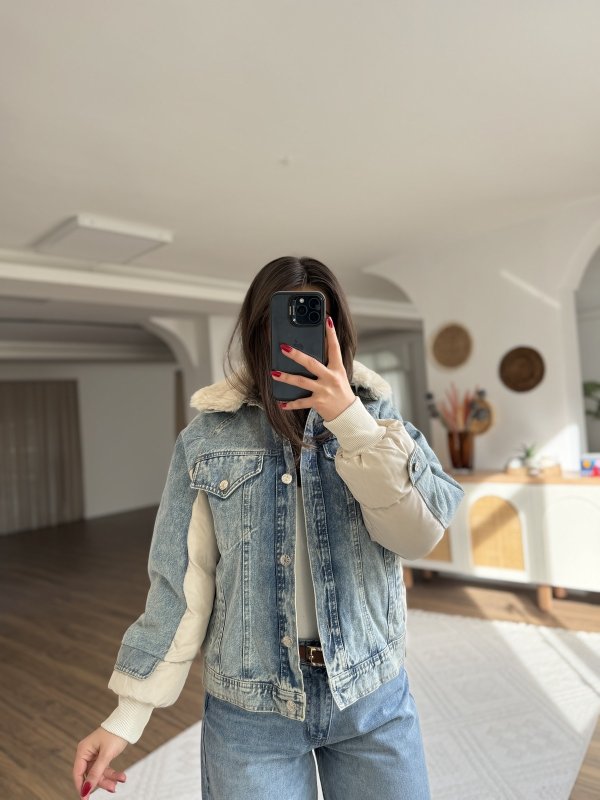 ÖN İÇ PELUŞ KÜRK YAKA ÇIKABİLEN JEAN DETAY ŞİŞME MONT