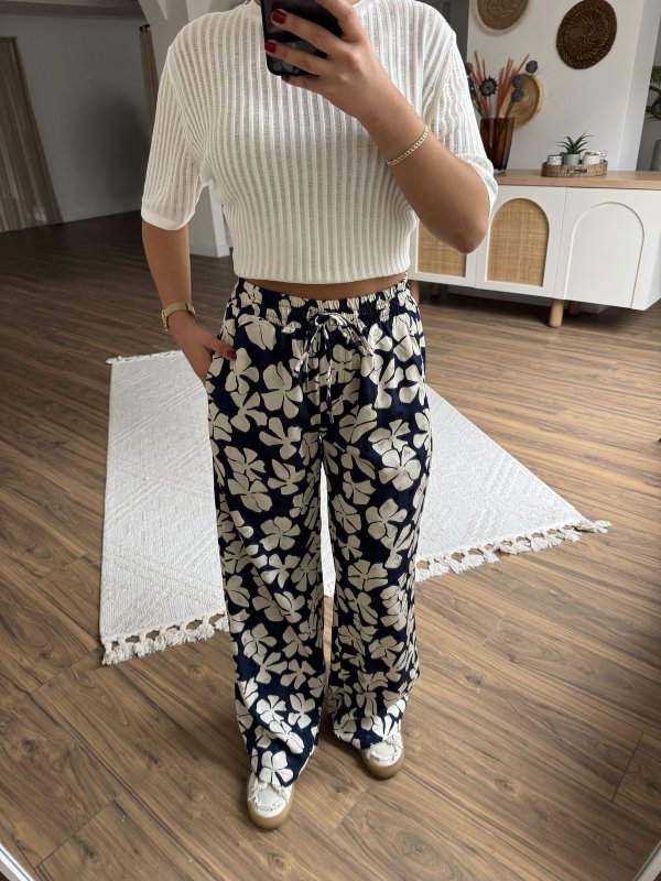 ÇİÇEK DESEN BEL LASTİK CEPLİ VİSKON SATEN PANTOLON