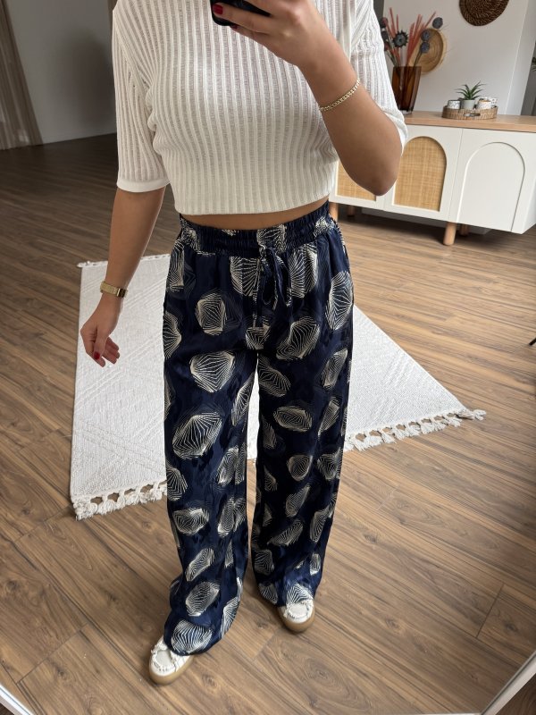 PİRAMİT DESEN BEL LASTİK CEPLİ VİSKON SATEN PANTOLON