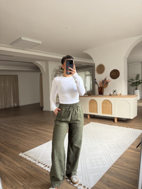 BEL LASTİK CEPLİ SÜET VİSKON RAHAT PANTOLON