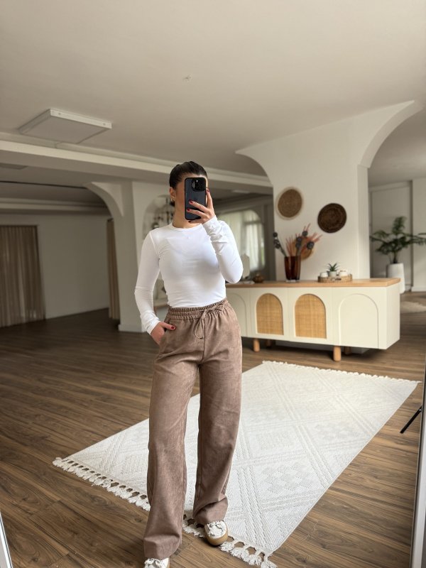 BEL LASTİK CEPLİ SÜET VİSKON RAHAT PANTOLON