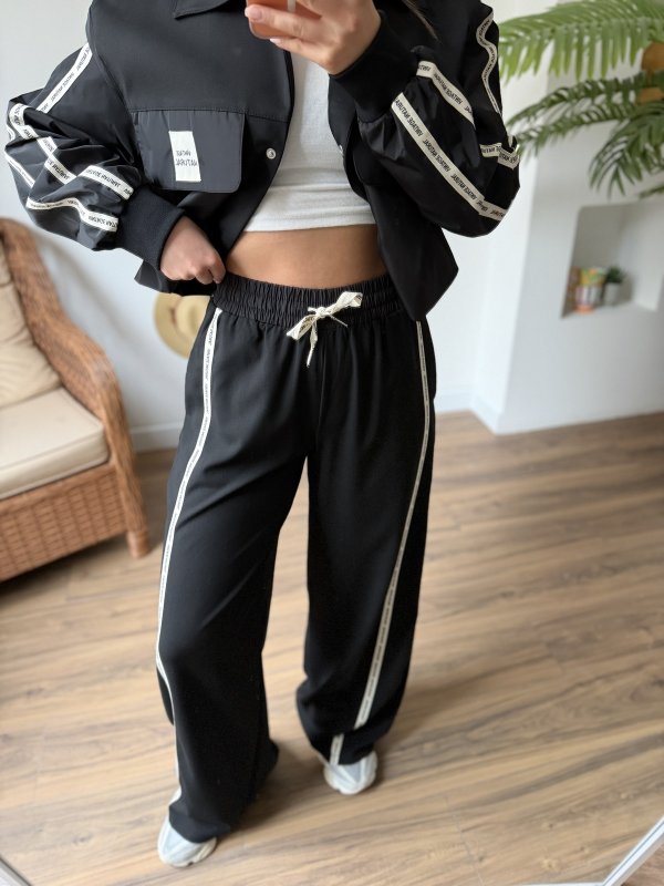 BEL LASTİK CEPLİ YAZI ŞERİT BOL PAÇA VİSKON LİKRALI PANTOLON