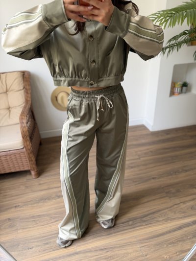 BEL LASTİK CEPLİ ŞERİT DETAY PARLAK PAMUK BOL PAÇA  PANTOLON