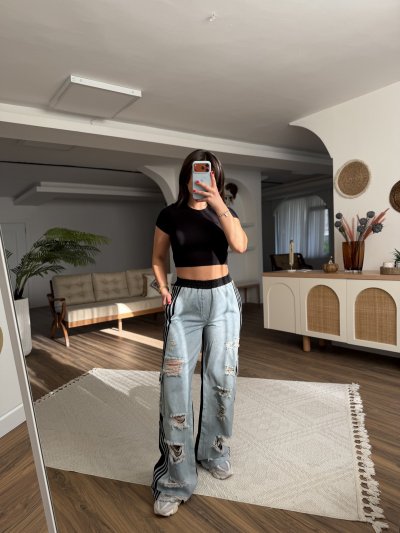 KUMAŞ MİX YIRTIK DETAY KARGO JEAN PANTOLON