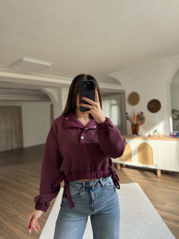 BEL BÜZGÜ BAĞLAMA DİK YAKA ÇITÇITLI KISA MODAL SWEAT