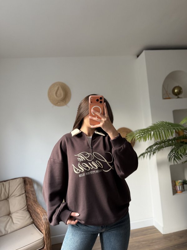 THE LOVERS YAZI NAKIŞ YAKALI FERMUARLI PAMUK SALAŞ SWEAT