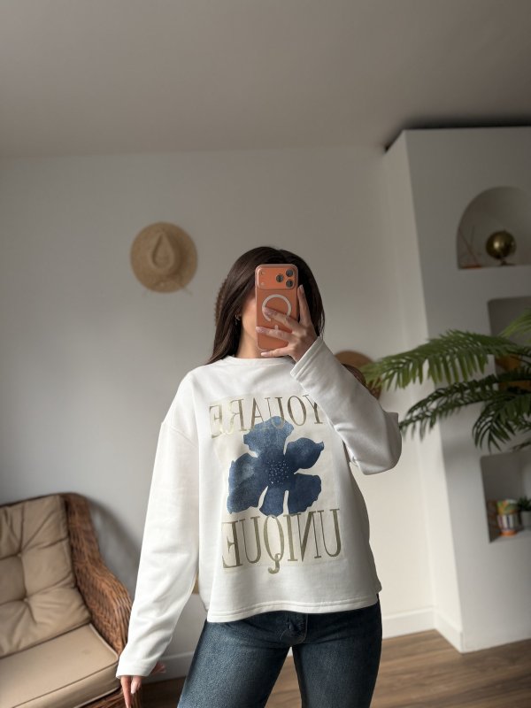 YOUARE YAZI MAVİ ÇİÇEK BASKI ETEĞİ DÜZ PAMUK SWEAT