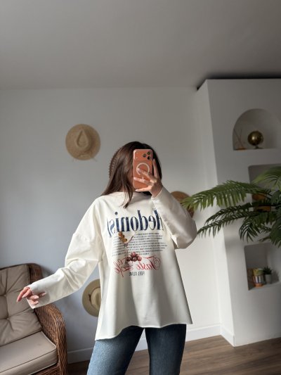HEDONİST YAZI BASKI KOL VE ETEK LAZER KESİM İNCE PAMUK SALAŞ SWEAT