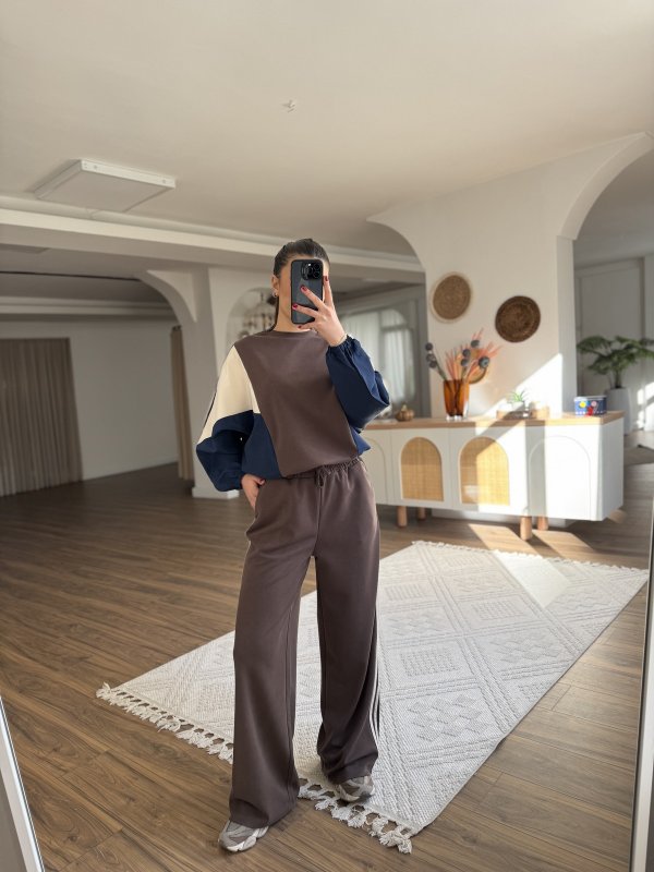 BEL BÜZGÜ PATAŞÜT DETAY SWEAT ŞERİTLİ EŞOFMAN MODAL PAMUK TAKIM