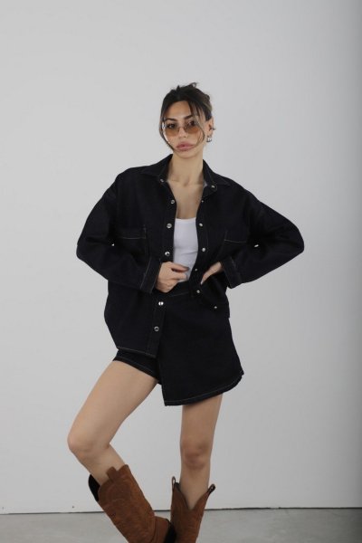 GENİŞ JEAN GÖMLEK BEL LASTİKLİ ŞORT JEAN PAMUK TAKIM