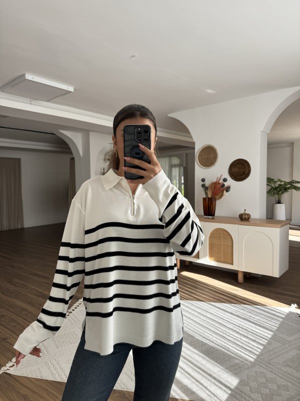 POLO YAKA FERMUARLI ÇİZGİLİ VİSKON TRİKO