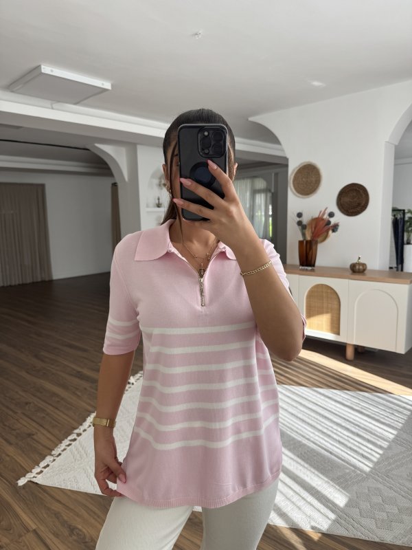 POLO YAKA FERMUARLI KISA KOL ÇİZGİLİ VİSKON TRİKO