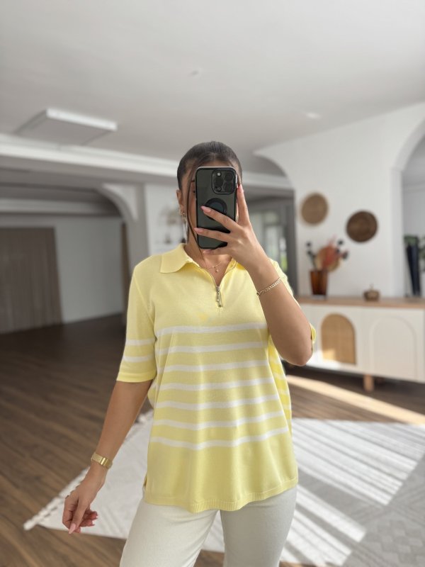 POLO YAKA FERMUARLI KISA KOL ÇİZGİLİ VİSKON TRİKO