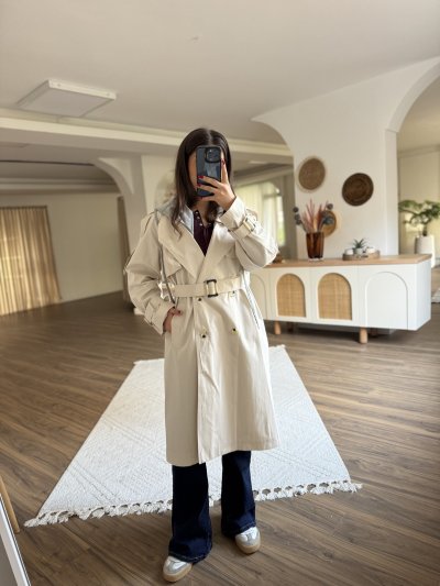 ÇIKARILABİLİR KAPÜŞON KRUVAZE BRİT DETAY UZUN VİSKON TRENÇ