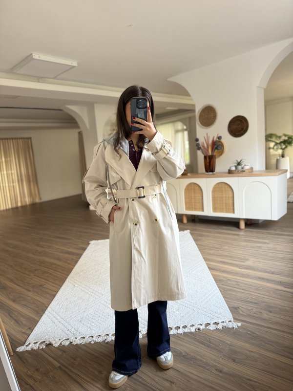 ÇIKARILABİLİR KAPÜŞON KRUVAZE BRİT DETAY UZUN VİSKON TRENÇ