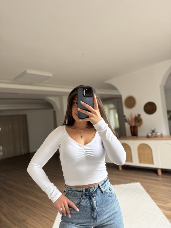 V YAKA DANTEL ŞERİT UZUN KOL PAMUK MODAL TİŞÖRT