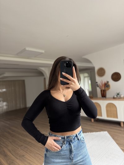 V YAKA DANTEL ŞERİT UZUN KOL PAMUK MODAL TİŞÖRT