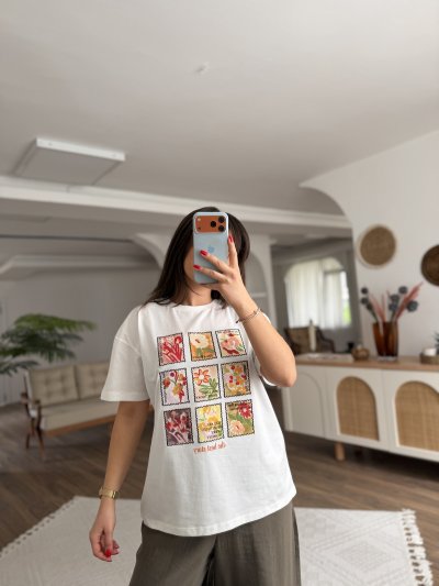 ÖN ÇİÇEK BASKI PAMUK SALAŞ TİŞÖRT